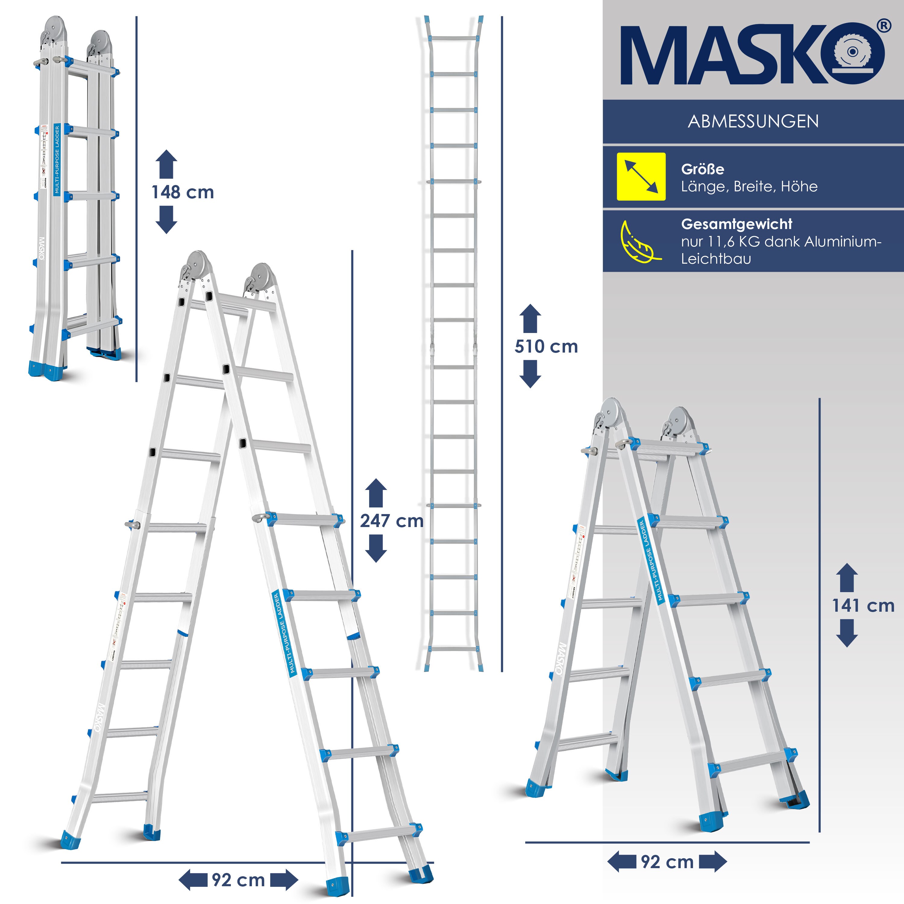 MASKO® Aluleiter Mehrzweckleiter 5,10m 4x5 Sprossen Teleskopleiter ? Multifunktionsleiter ? Aluleiter ? Klappleiter ? Anlegeleiter ? Bockleiter ? Schiebeleiter ? beidseitige Steh und Treppenleiter