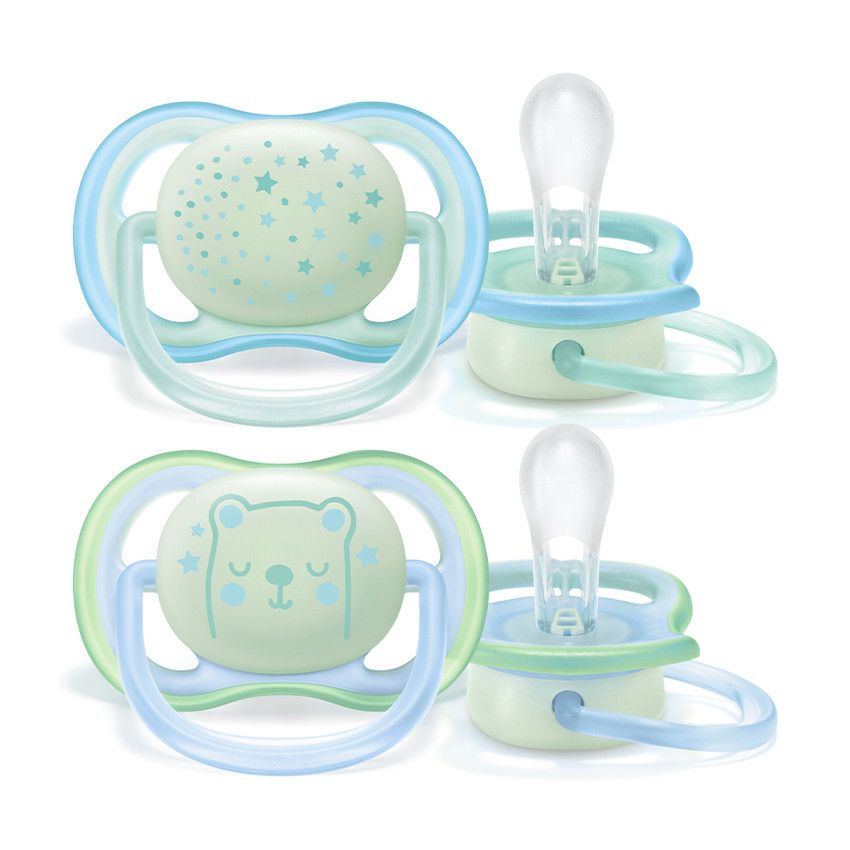 Lot de 2 sucettes phosphorescentes Ultra Air Night 0-6M - Bleu/Vert ou Rose/Violet - Ecru