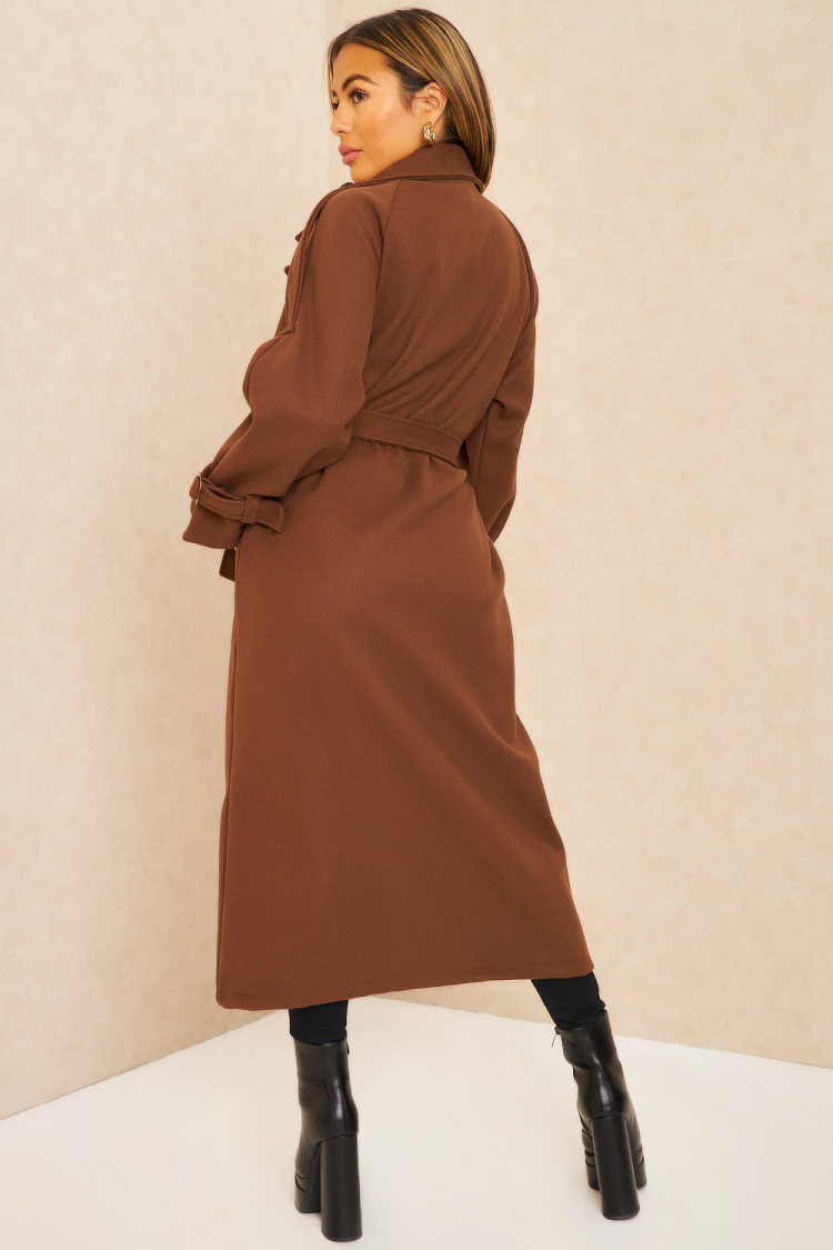 Manteau long duveteux style trench marron