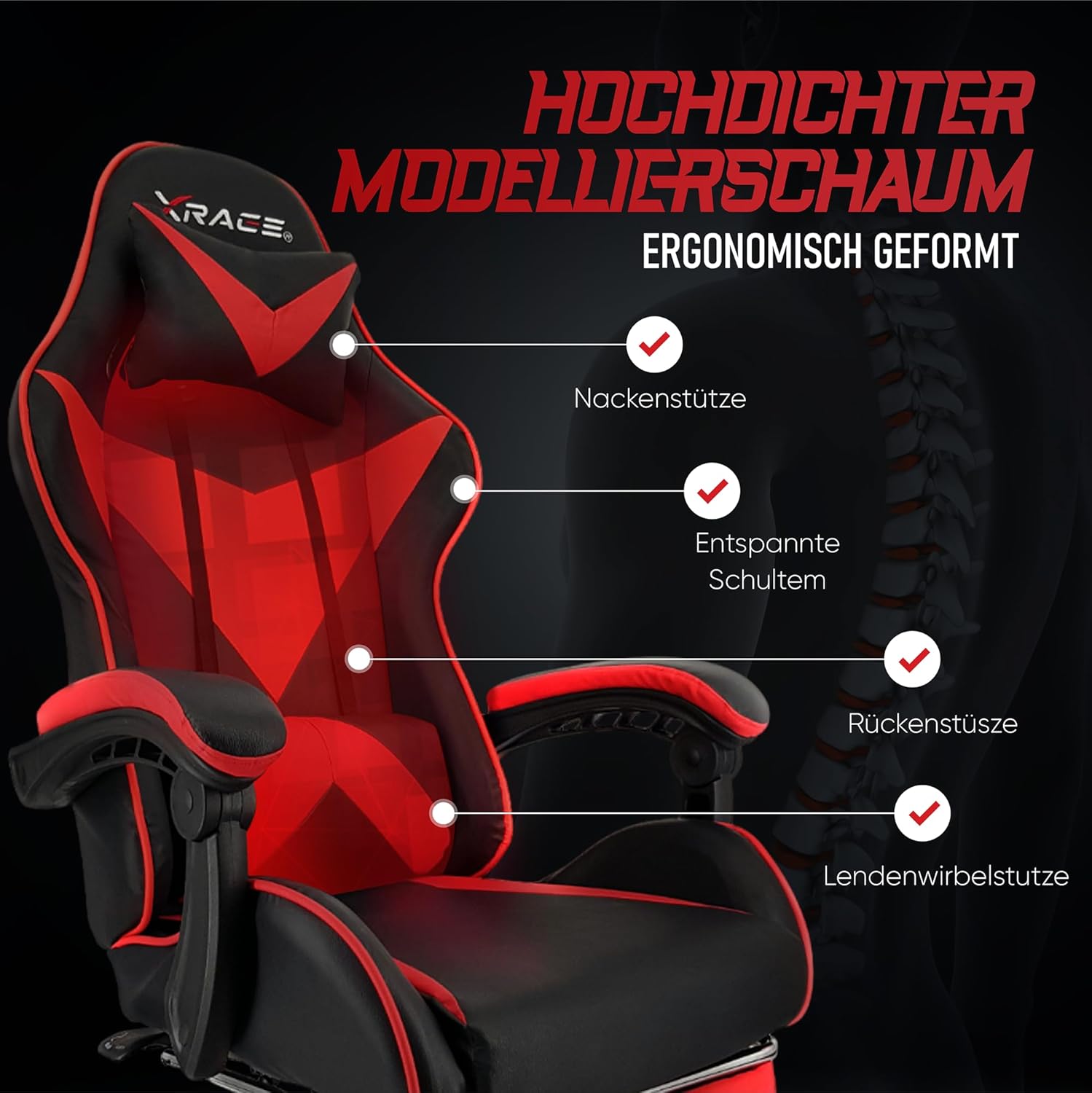 xRace Gaming Stuhl, Bürostuhl, Ergonomischer Pc Stuhl, Gaming Sessel aus Leder mit Lendenwirbelstütze, Verstellbarer Drehbarer, Task Stühle mit Fußstütze und Kopfstütze, Rot