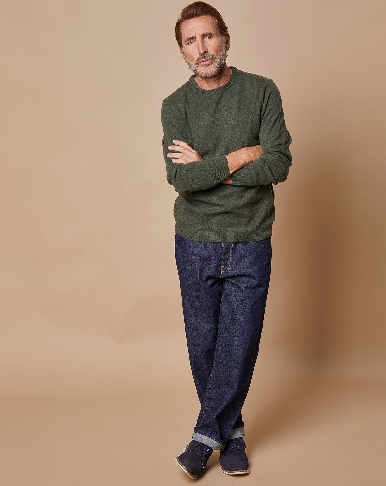 Oscar et Louise Pull 100% Cachemire 4 fils Harry col rond kaki