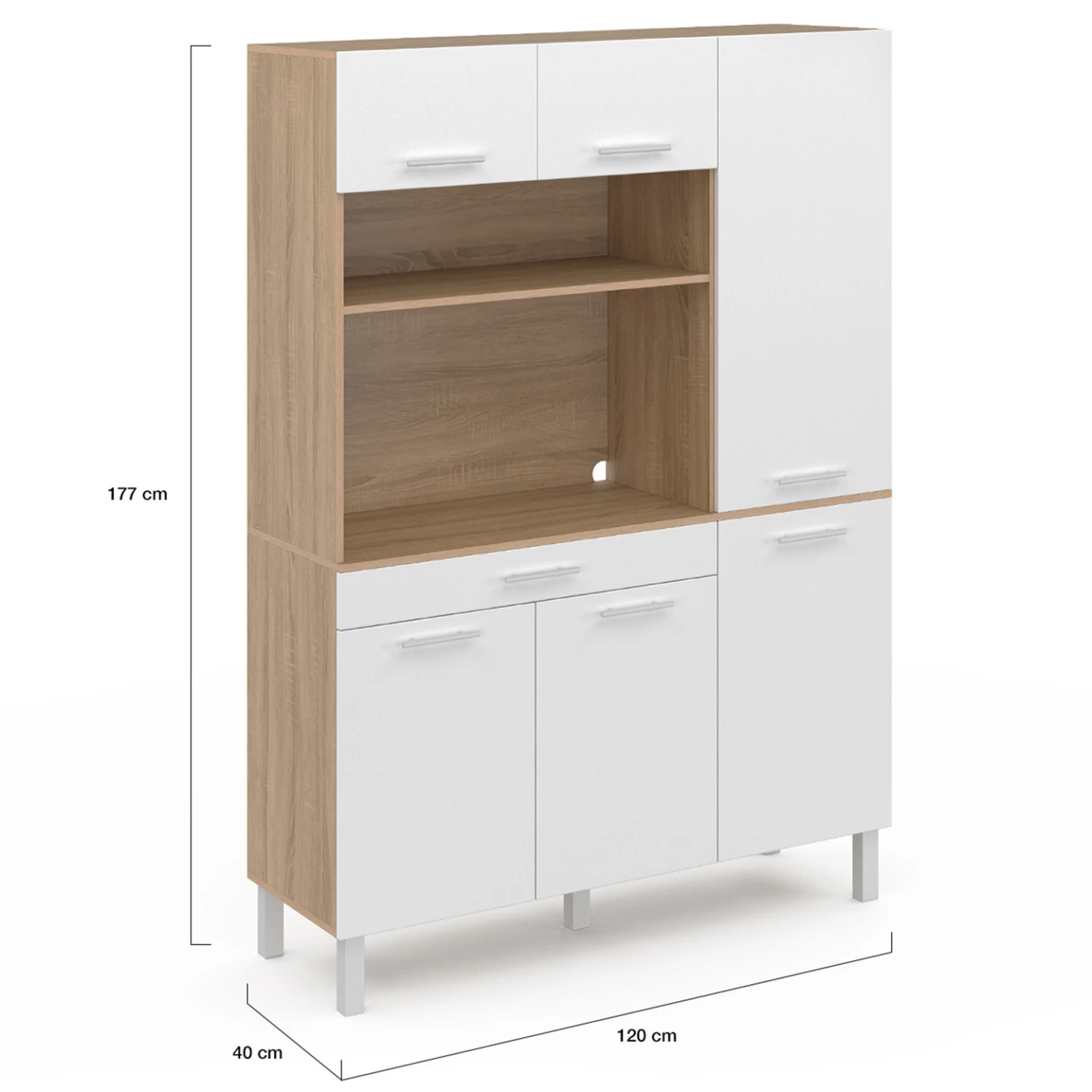 Buffet de cuisine avec colonne de rangement 120 CM CINA 6 portes + tiroir façon hêtre et blanc