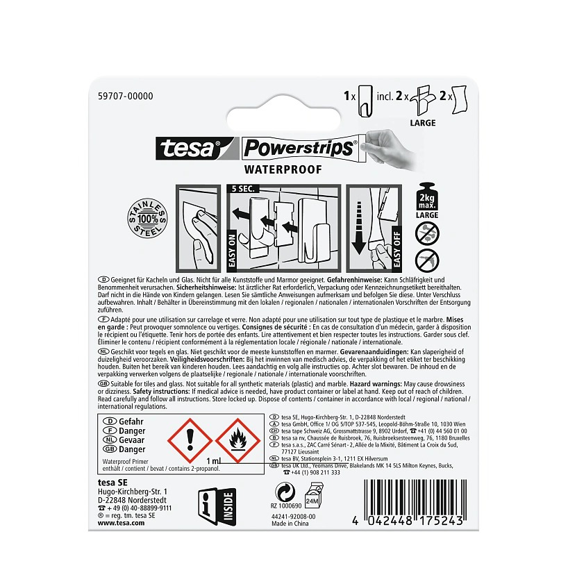 (60x24mm) Powerstrips Wasserfester Haken Selbstklebender Handtuch / Kleiderhaken (59707-00000-04) - Silber