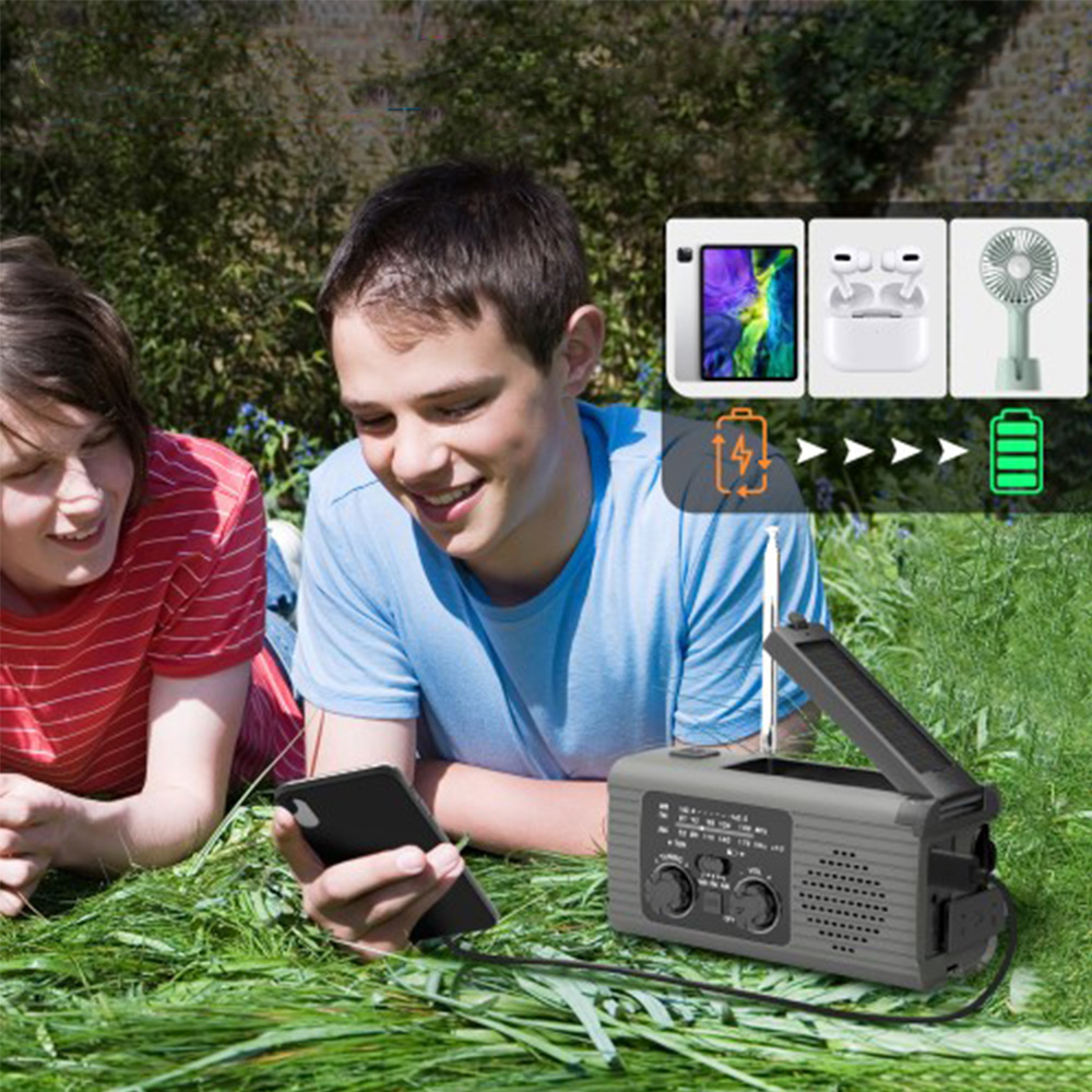 (16x6cm) 2000mAh 5in1 Outdoor Kurbel Radio mit WB/AM/FM / USB Powerbank / Solar Taschenlampe / SOS Alarm / LED Leselampe - Grau