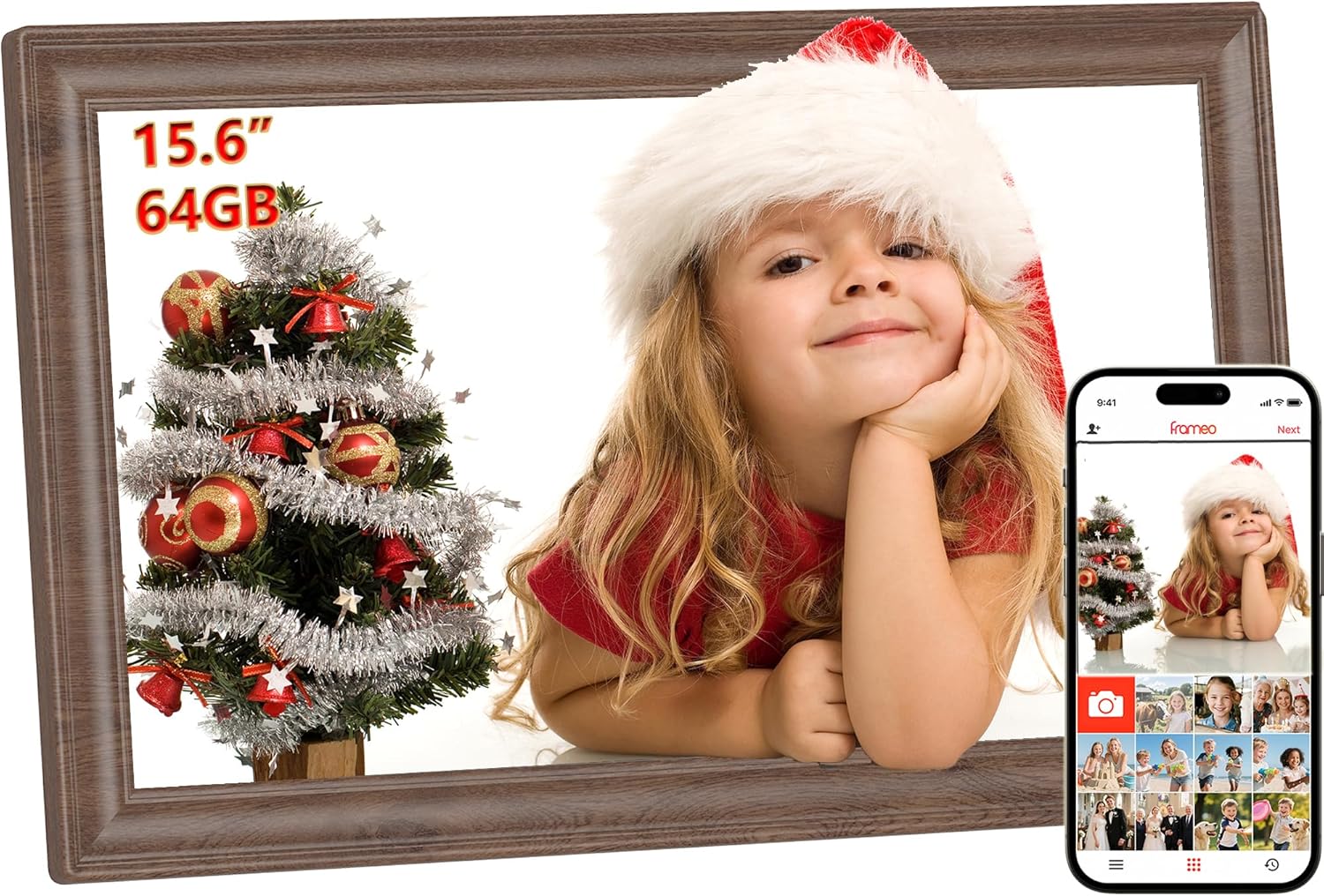 64GB FRAMEO 15.6 Zoll Digitaler Bilderrahmen 64GB Holzmaserung - FHD 1920 * 1080P IPS Touchscreen Digitale Bilderrahmen Auto Rotation Elektronischer Fotorahmen, Teilen Sie Fotos/Videos Sofort