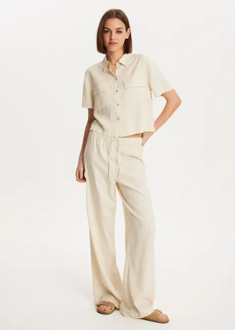 Linnen mix korte mouwen blouse zand (ZND.L)