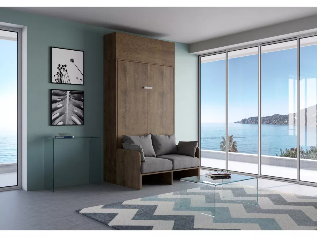 Armoire lit escamotable vertical 140 Kentaro Sofa avec èlèment haut Noyer