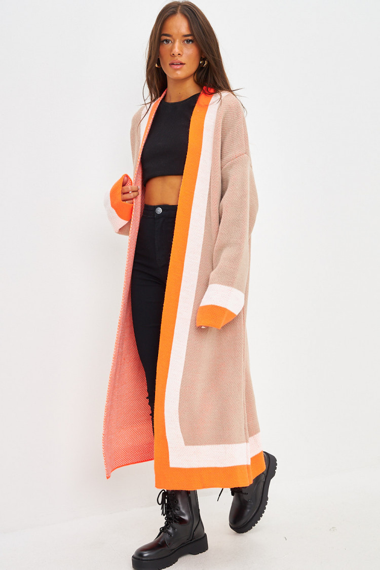 Gilet long en mailles beige à bande orange