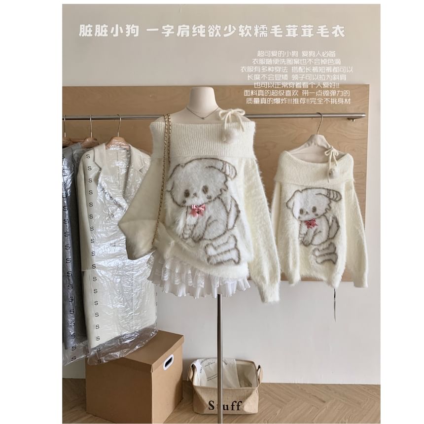 Dute - Off Shoulder Cartoon Patroon Trui met Strik