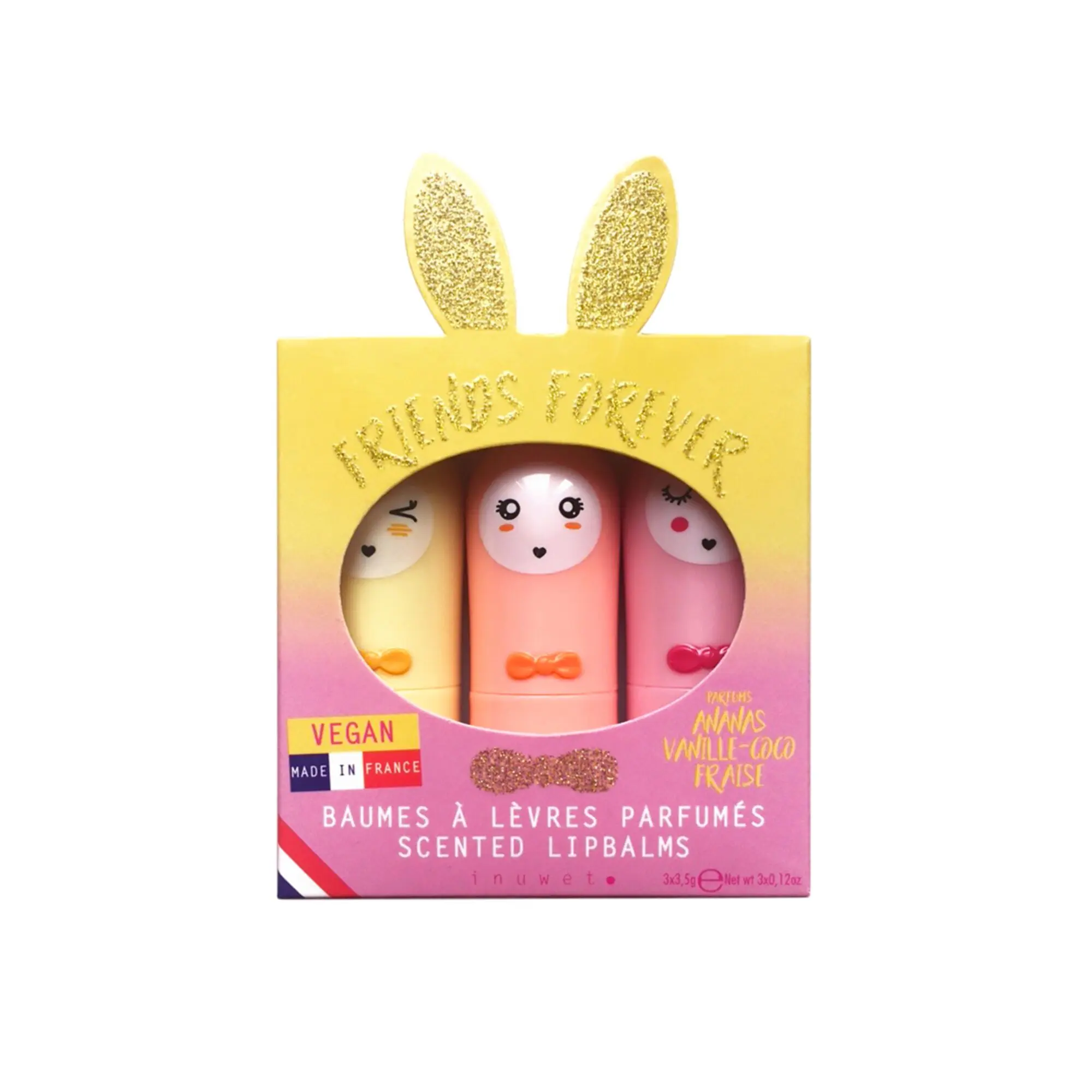 Inuwet - TRIO GOLD CALIFORNIA Coffret Baumes à Lèvres Ananas, Vanille-coco, Fraise 3,5g - Baume et soin des lèvres