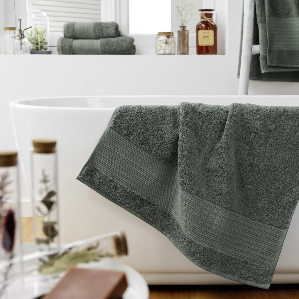 Serviette de bain coton bio (70 x 130 cm) Méline Vert romarin