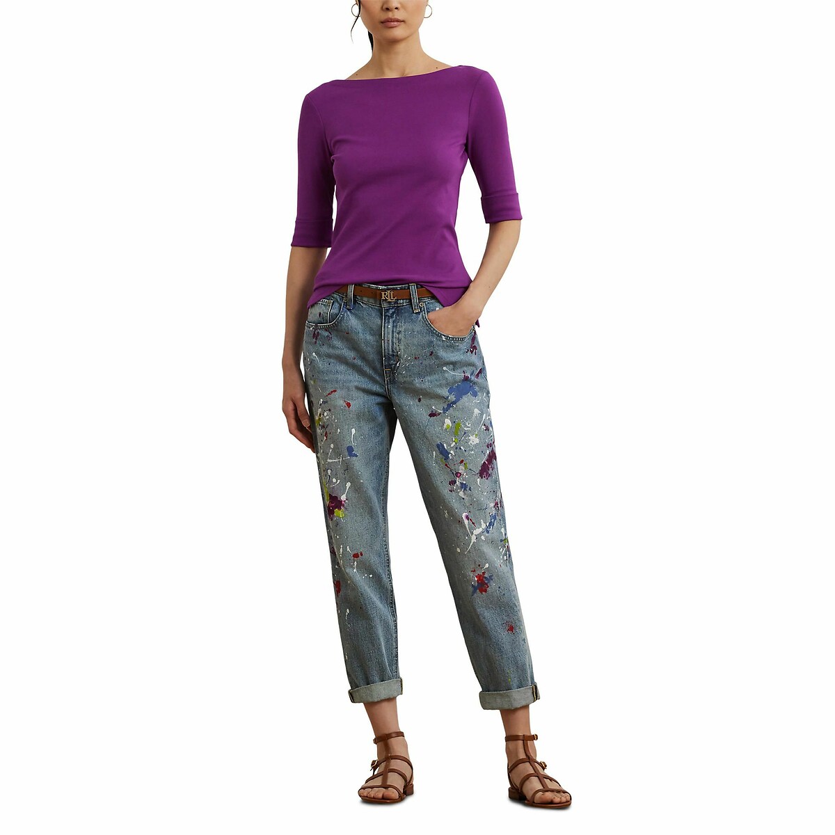 LAUREN RALPH LAUREN<br>Camiseta com decote canoa e mangas curtas