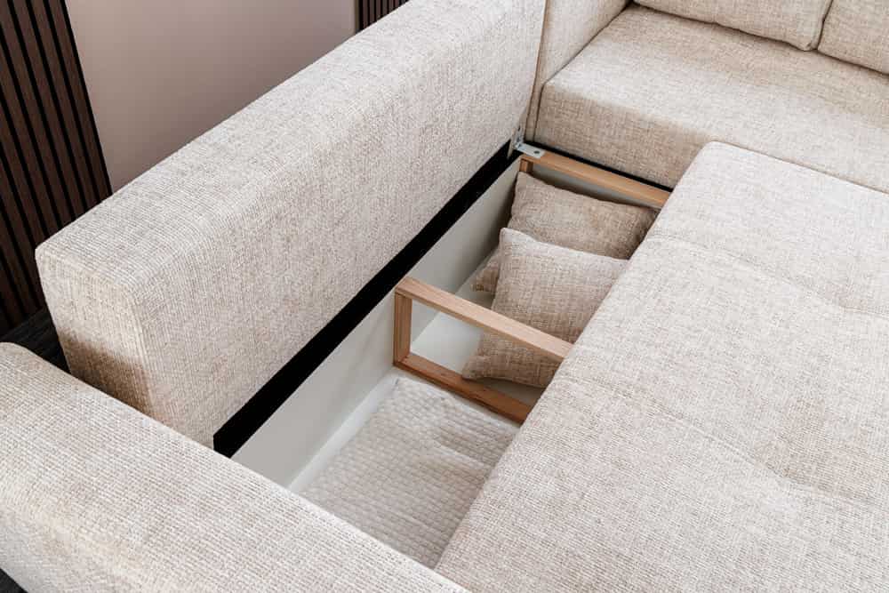 Modernes Ecksofa NORWAY 250cm beige Chenille Schlafsofa mit Stauraum inkl. Kissen