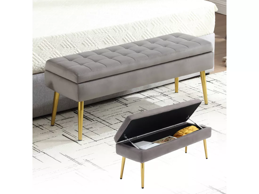 Banc de rangement, 111x35x44.5cm, pieds en métal doré pour salon, à l'entrée, à la chambre à coucher, en velours vert