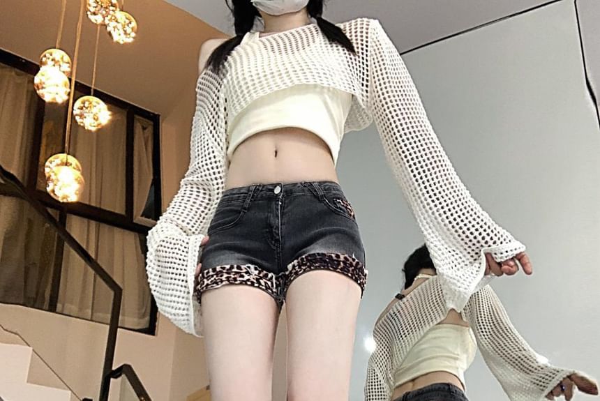 Chisan - Lage denim shorts met luipaardprint en gewassen afwerking