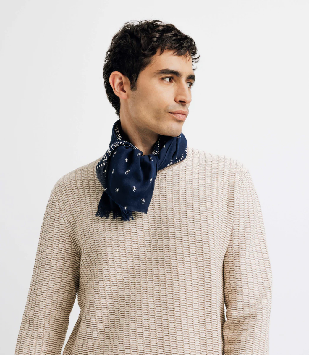 Pull col rond bicolore beige