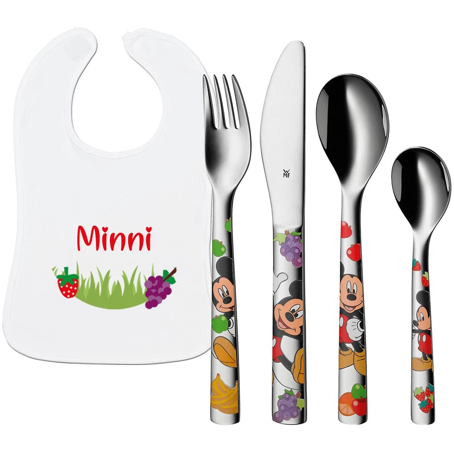 Schnullireich Geschenkset mit Namen WMF Kinderbesteck Mickey Mouse + Lätzchen mit Namen Silber