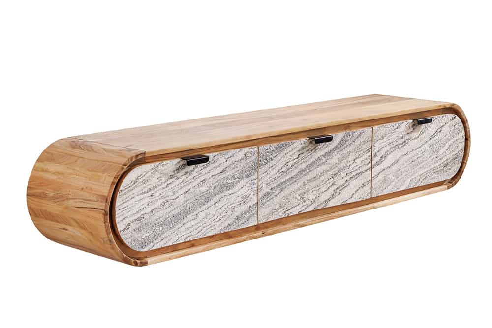 Hängendes TV-Board ORGANIC 160cm natur Akazie schwarz weiß Steinfurnier Schubladen