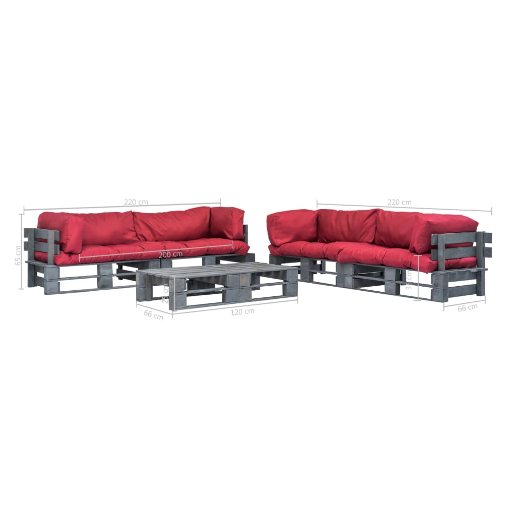 Salon de jardin meuble d'extérieur ensemble de mobilier 6 pièces palettes avec coussins rouges bois