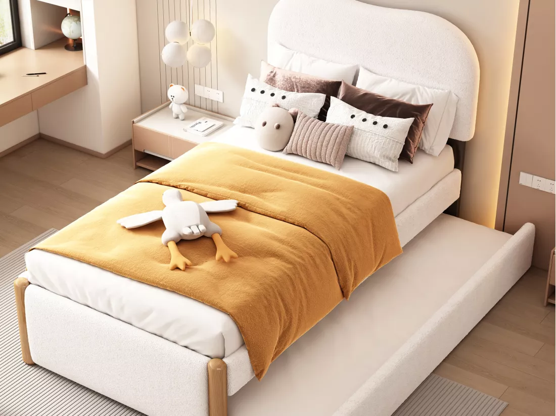 Lit gigogne 90 x 200 cm + 90 x 190 cm - style moderne - tissu en peluche - sommier à lattes - blanc