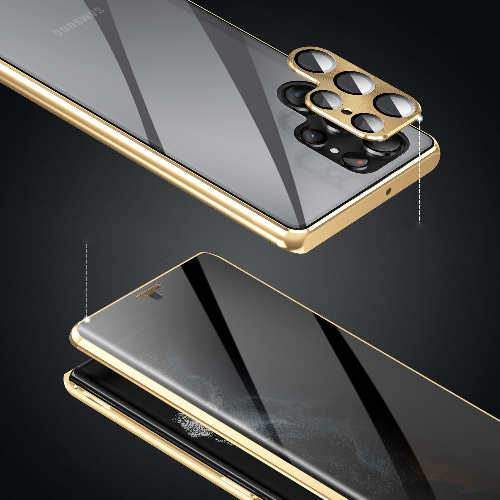 Samsung Galaxy S24 Ultra Magnetische Alu Schutzhülle mit Panzer Glas Backcover   Privacy Display- / Kameraglasschutz (Verschlussmechanismus) - Gold