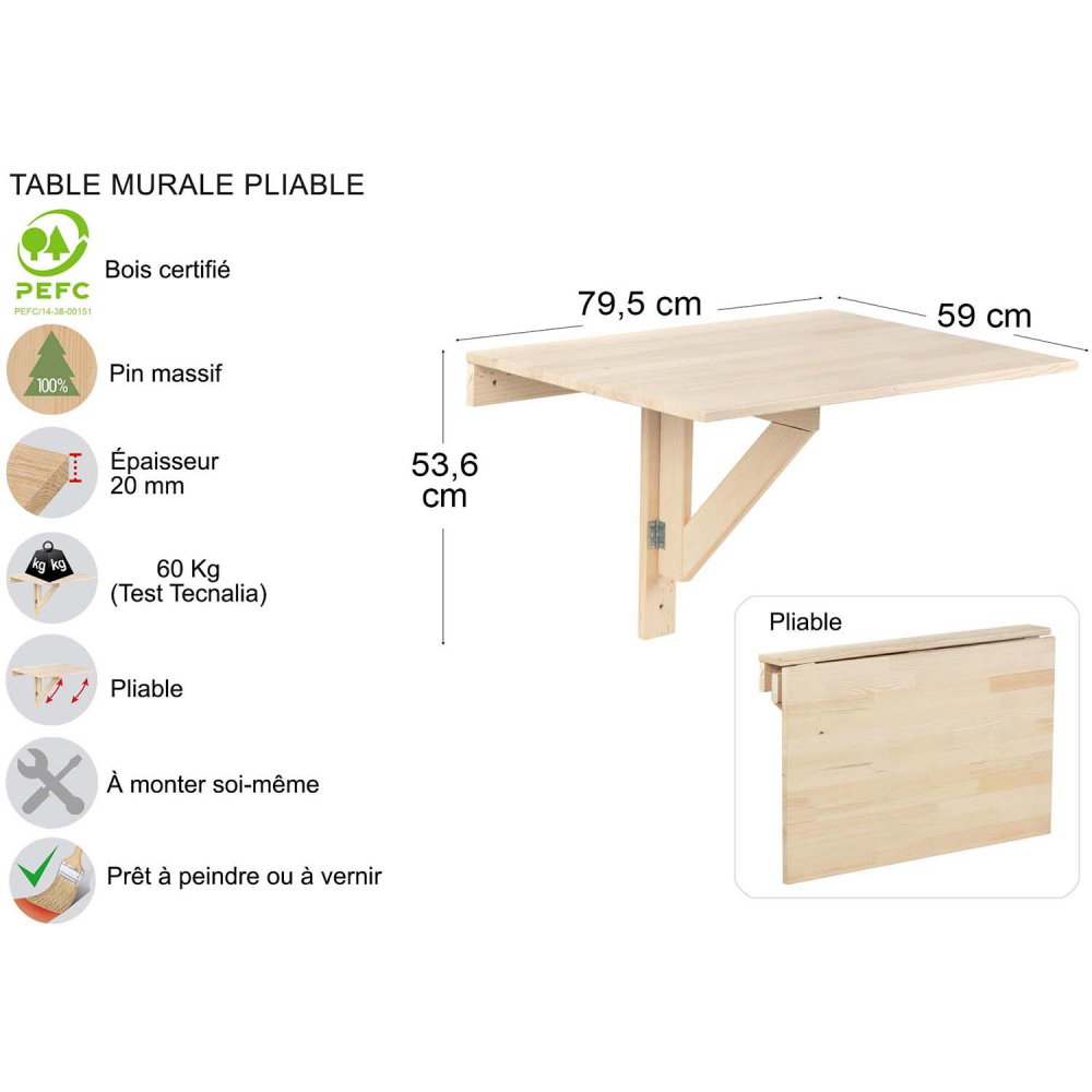 Etagère murale pliable en pin massif