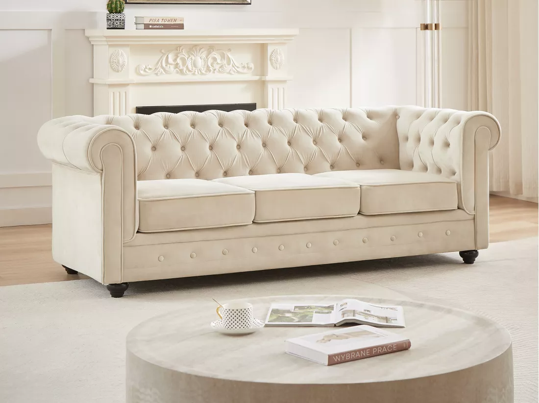Canapé 3 places et fauteuil en velours beige CHESTERFIELD