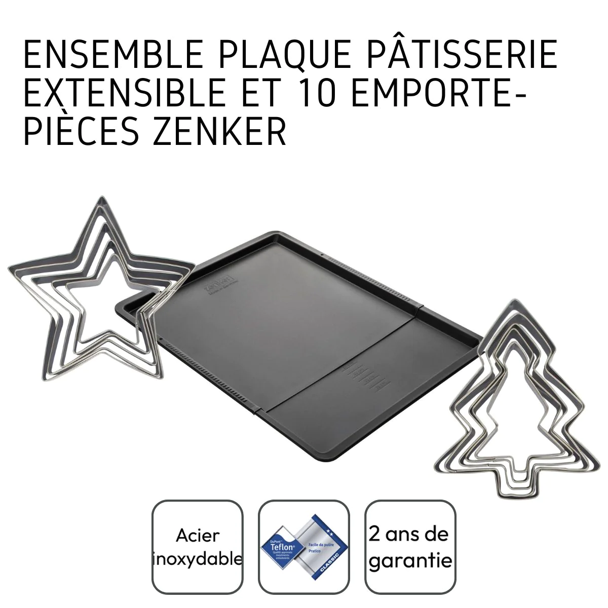 Ensemble avec plaque à pâtisserie extensible et 10 emporte-pièces Zenk