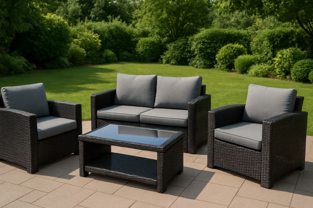 Gartenmöbel Set Polyrattan Sofa Set mit Kissen und Glastisch Anthrazit
