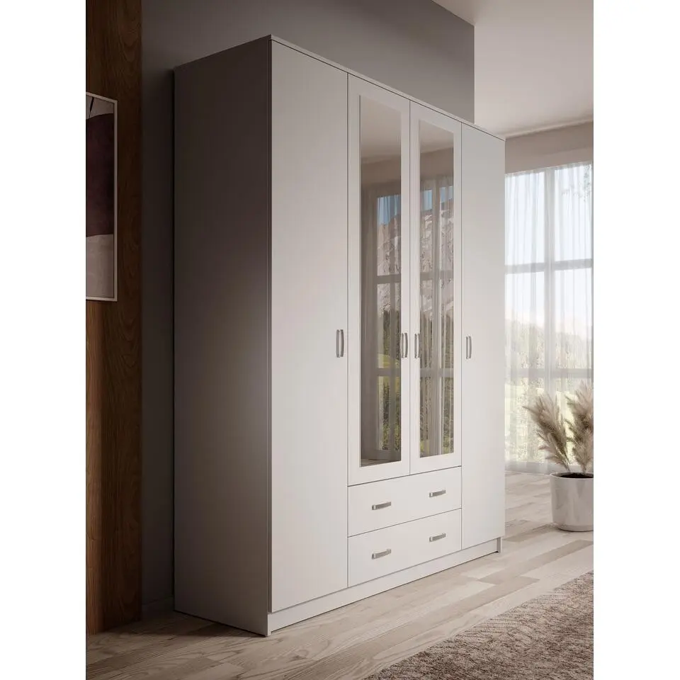Meubella - Kledingkast Hinto - Wit - 160 cm - Met spiegel