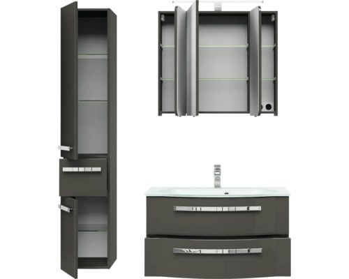Badkamermeubelset Pelipal serie 4005, afmetingen (B x H x D): 122 x 200 x 49,1 cm, fronten in hoogglans grijs. 4-delige badkamermeubelset bestaande uit een witte glazen wastafel, badmeubel, spiegelkast met LED-verlichting, glazen wastafel en hoge kas