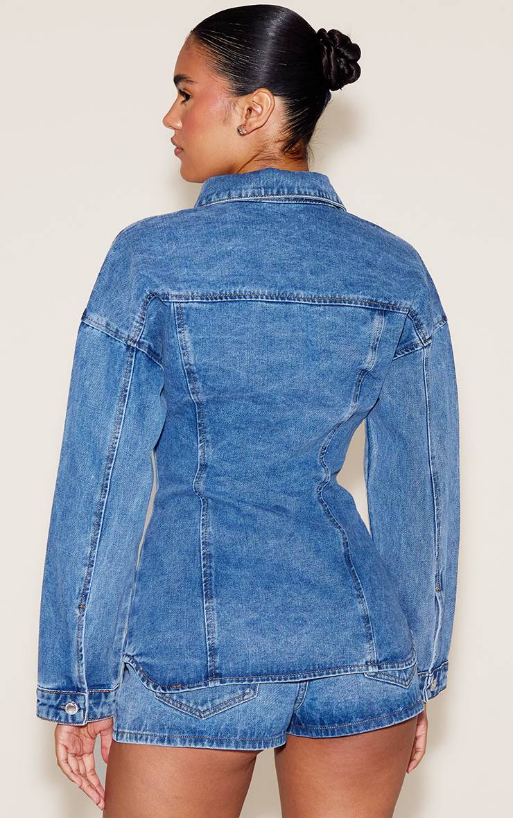 Mid Blue Wash Chemise Longue Cintrée À La Taille Avec Détails De Coutures