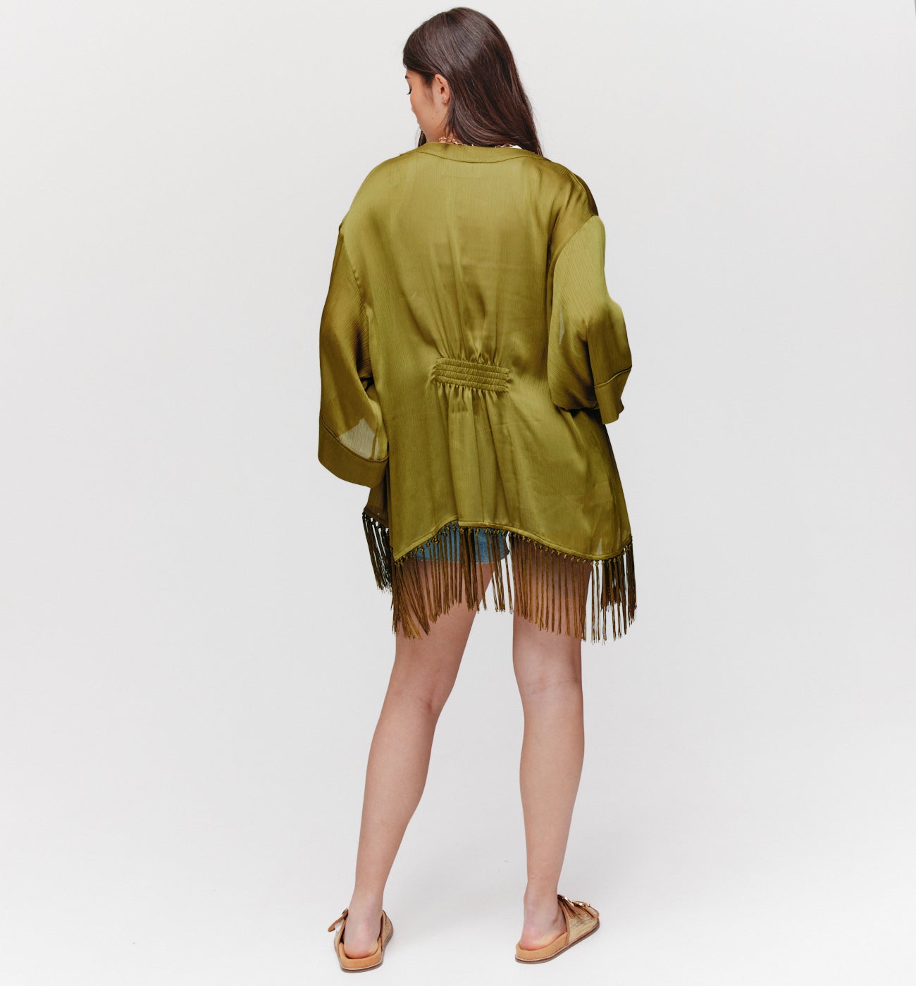 Veste kimono soyeuse à franges - Vert olive