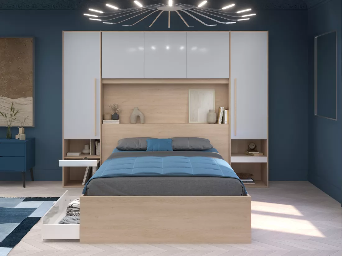 Lit pont 140 x 190 cm avec rangements - avec LEDs - Coloris : Naturel et blanc brillant + Sommier + Matelas - VELONA