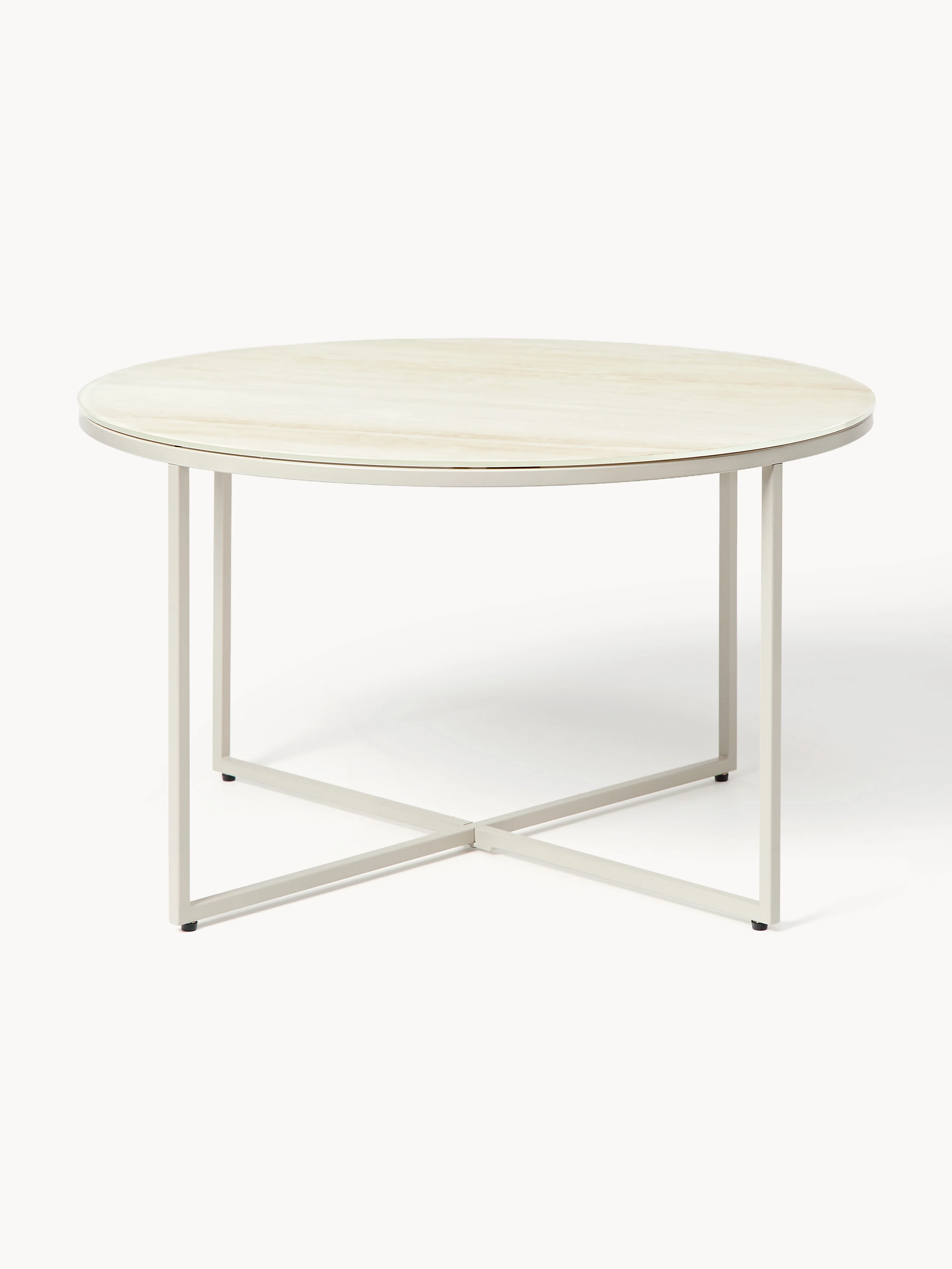 Ronde salontafel Antigua met glazen tafelblad met travertijn look