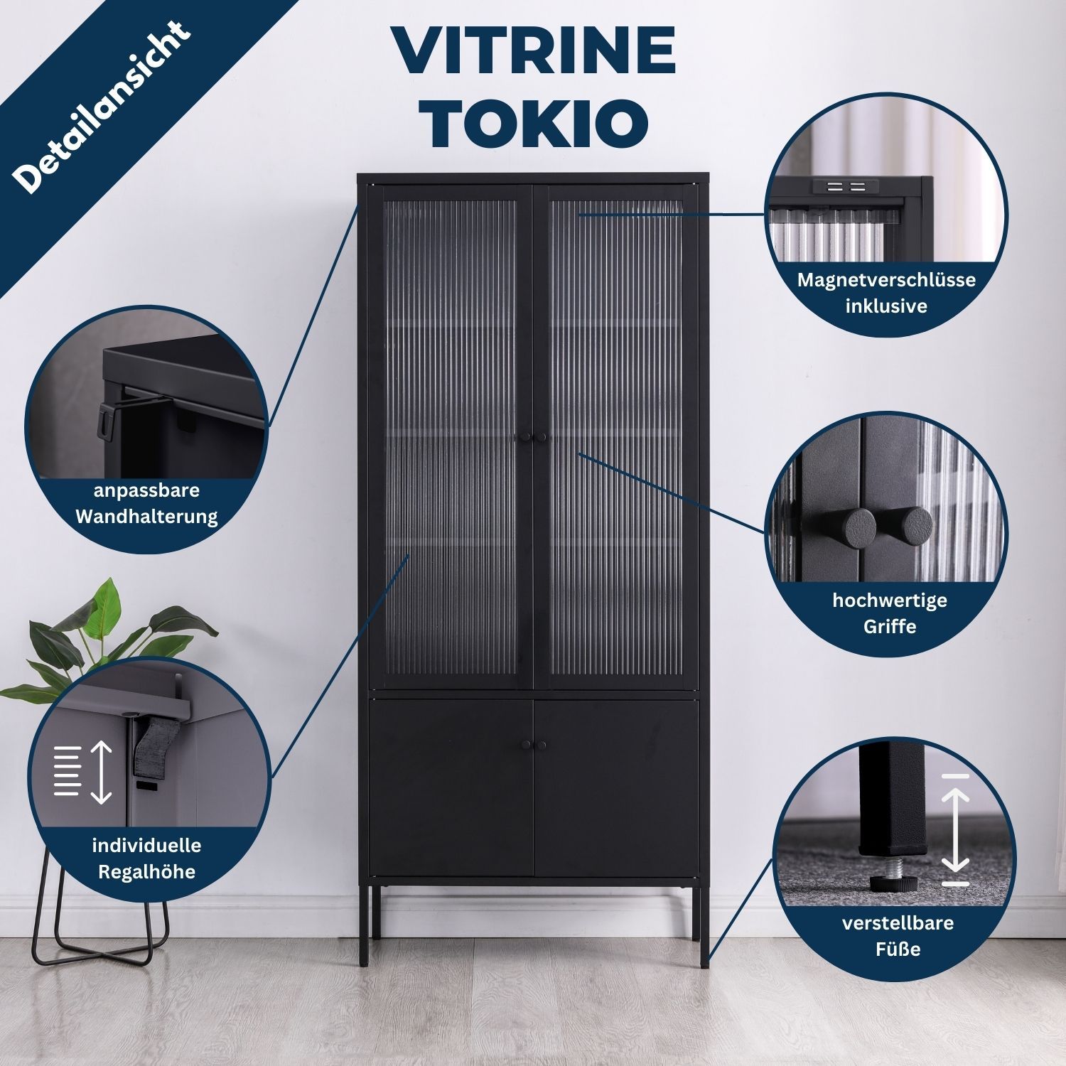 Coemo Vitrine Tokio schwarz 80x35x180cm Metall Glastüren