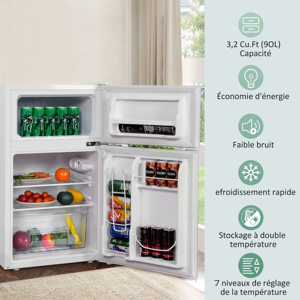 Réfrigérateur Compact Mini-réfrigérateur 90 L Congélateur Séparé avec Design à 2 Portes Lumière LED Grand Angle Blanc - Lidl-Manfred