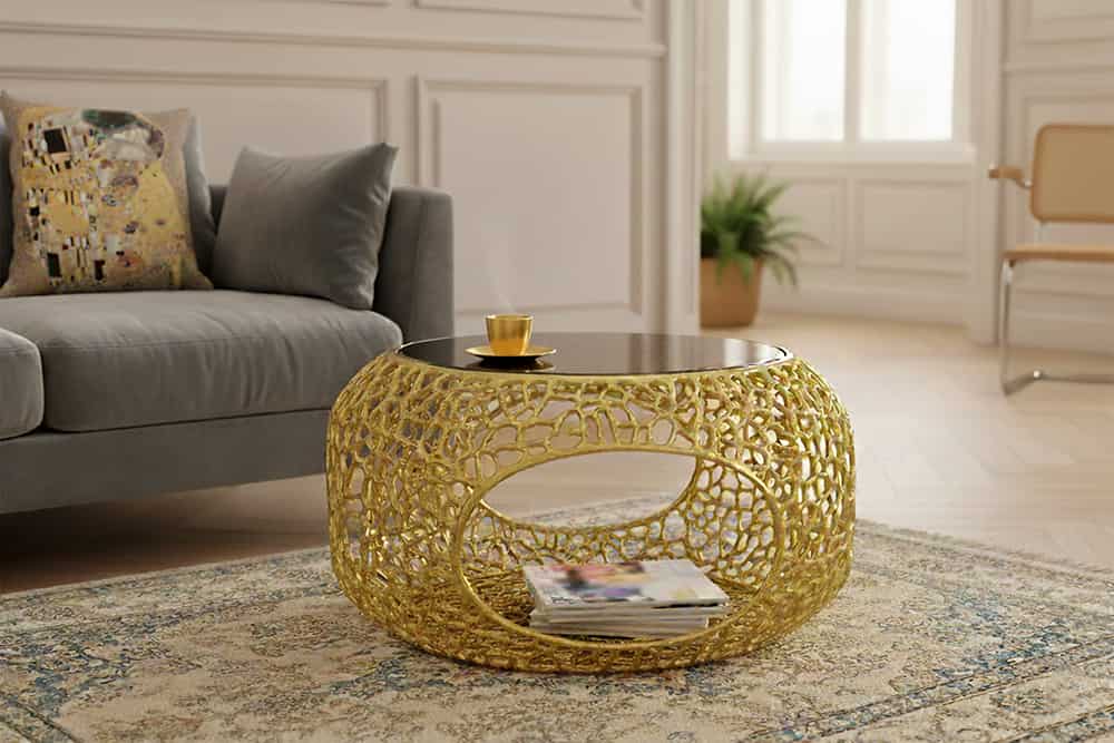 Runder Couchtisch SPIN 75cm gold Schwarzglas Metall mit Stauraum handmade