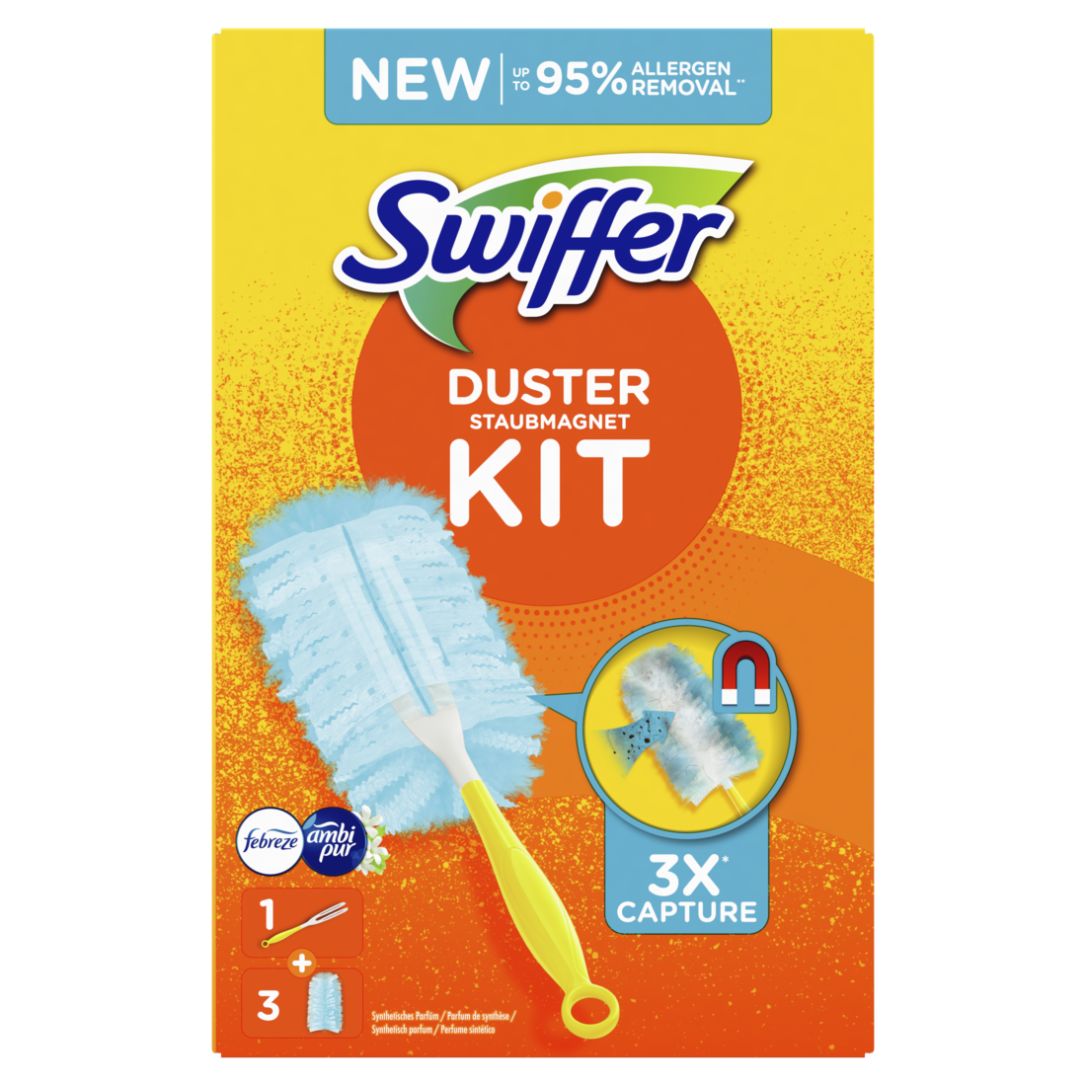 Swiffer Trap & Lock Staubmagnet Kit Febreze Duft (1 Handgriff + 3 Nachfülltücher)