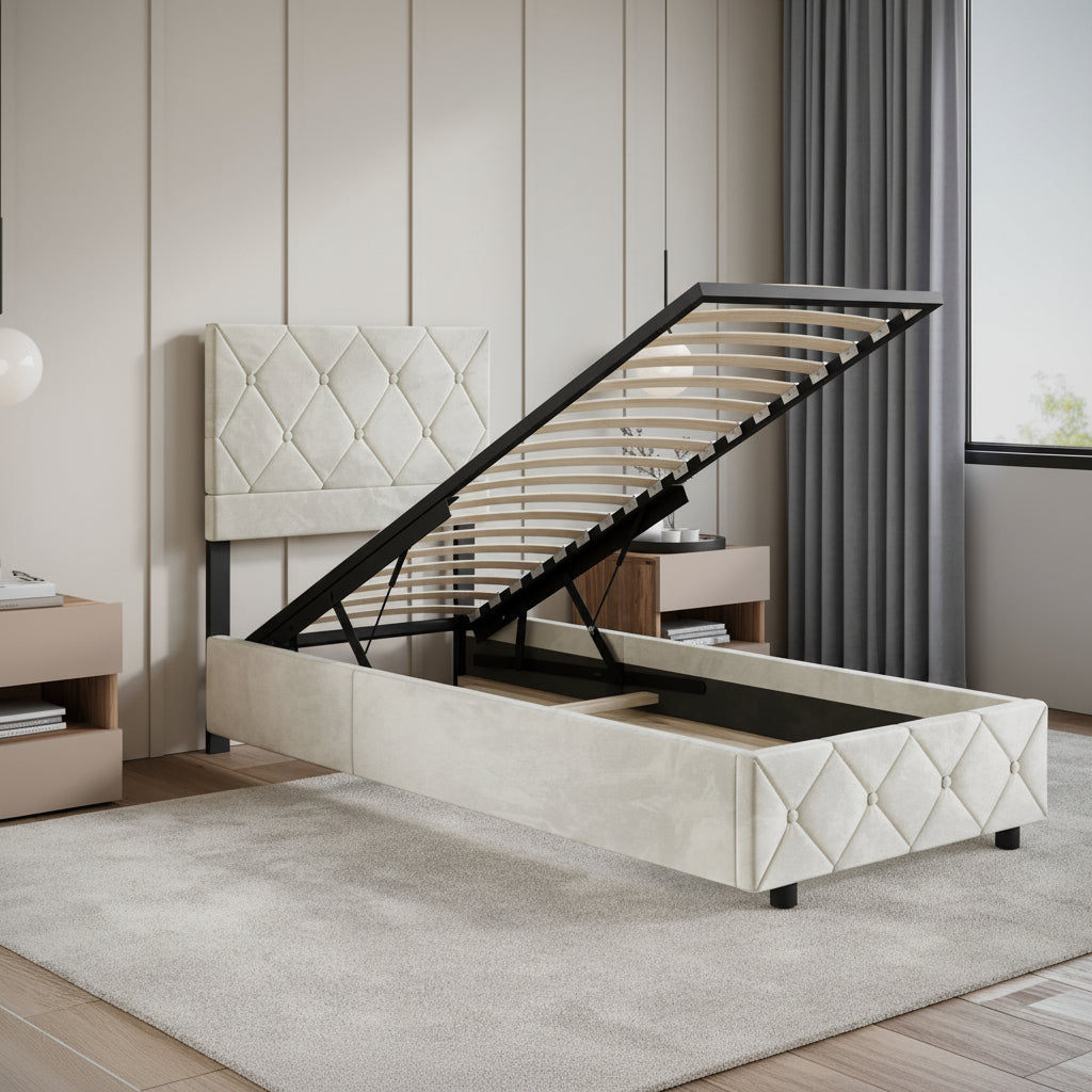Hernandez - Eenpersoonsbed met opbergruimte - Beige - 90x200 cm