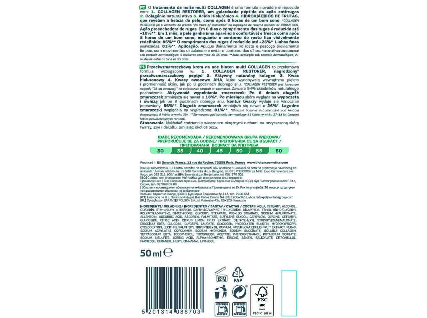 CREME BIOTEN NOITE ANTI RUGAS MULTICOL 3 D 50ML