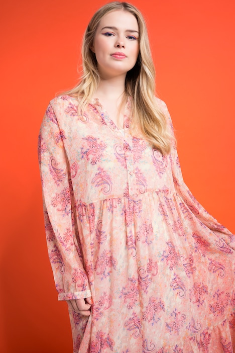 Maxikleid, A-Line, doppellagig, Paisley Print, Langarm
