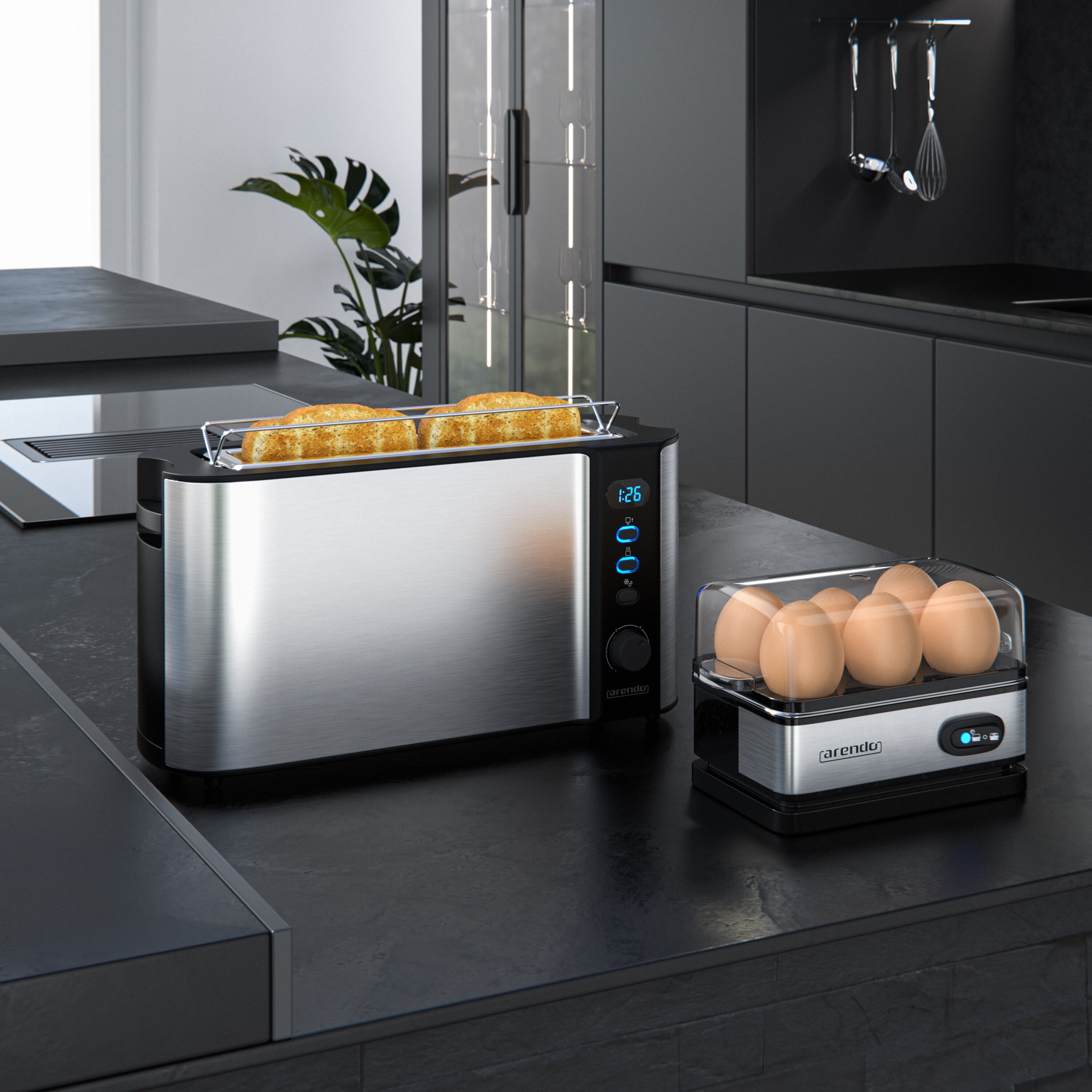 Arendo Frühstücks-Set, 6er Eierkocher + 2-Scheiben Langschlitz Toaster FRUKOST, Silber