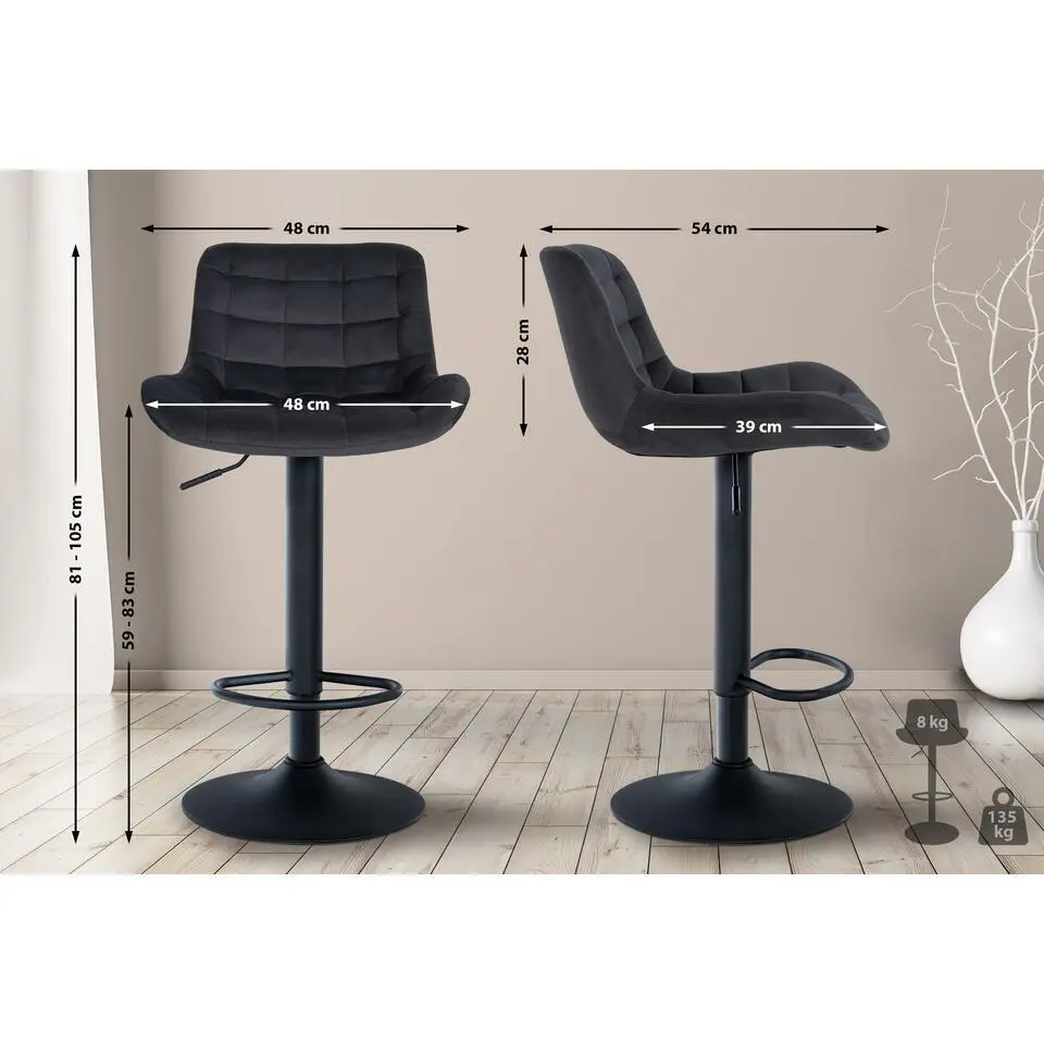 CLP Set van 2 Barkruk Tover zwart Frame - Fluweel - zwart