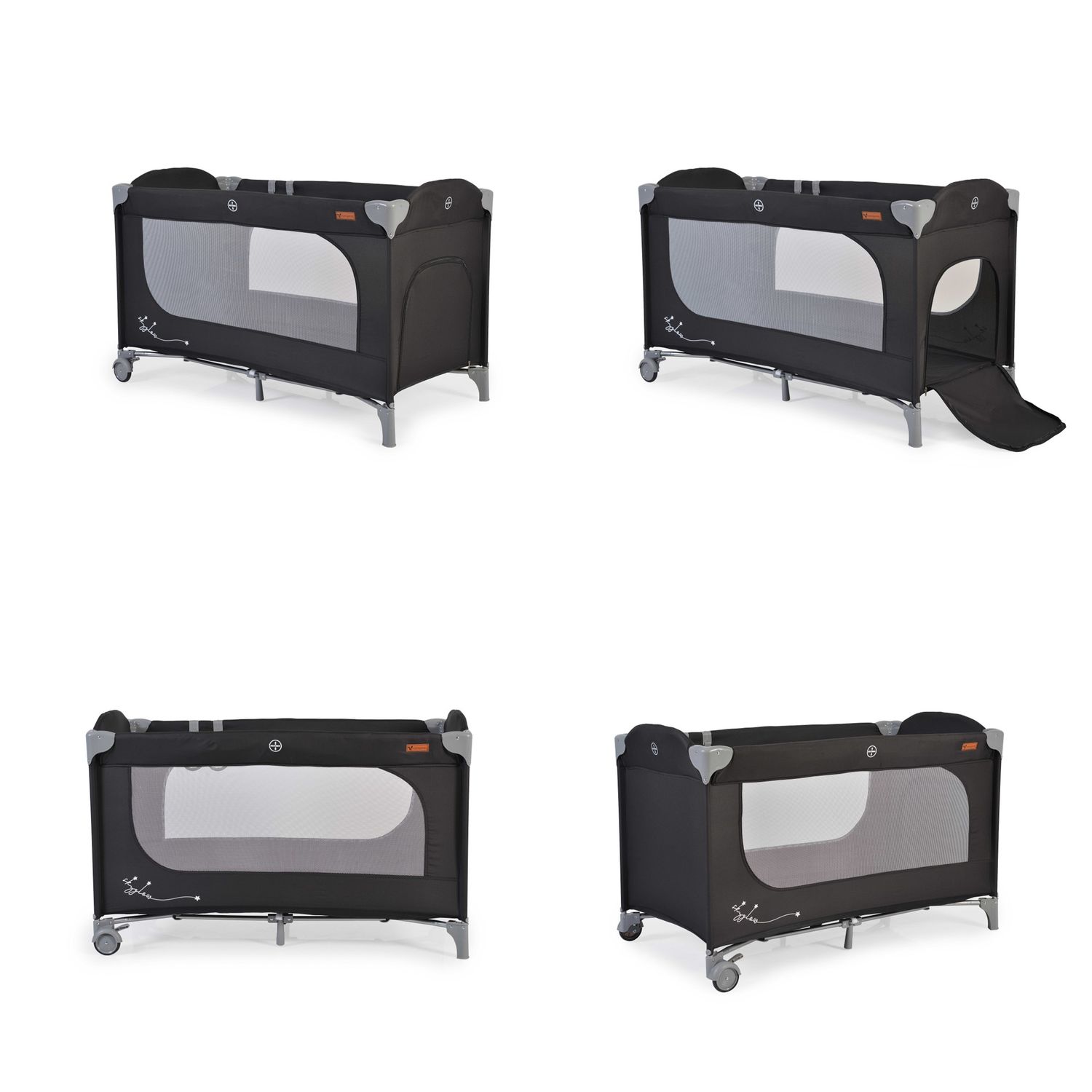 Cangaroo Reisebett Skyglow Laufstall 2 Räder mit Bremsen Matratze Seiteneingang schwarz