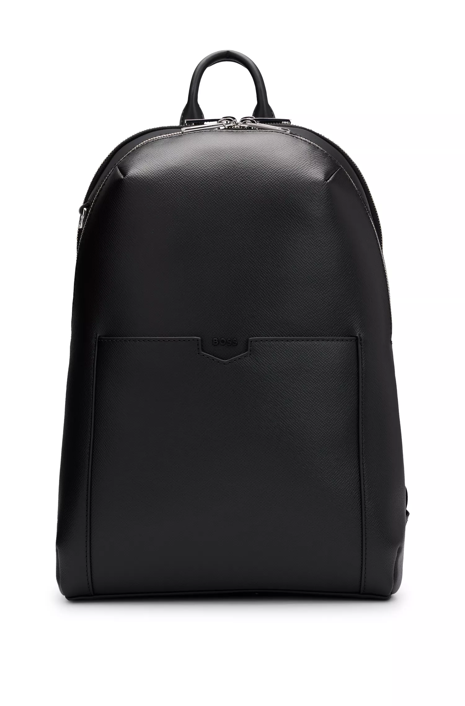 Mochila BOSS em couro preto com bolsa interna removível.