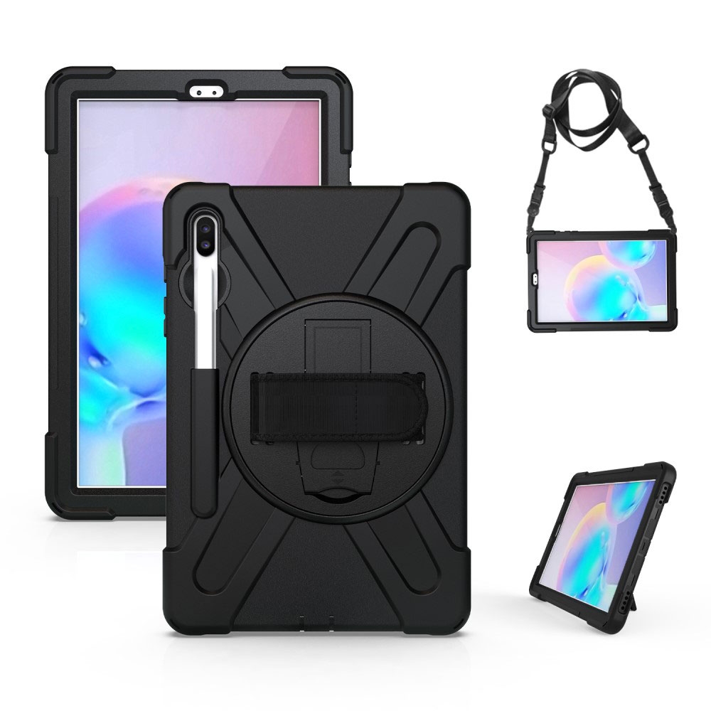 Samsung Galaxy Tab S6 Hybrid Outdoor Silikon Case Hülle mit Aufsteller und Handschlaufe und Schultergurt - Schwarz