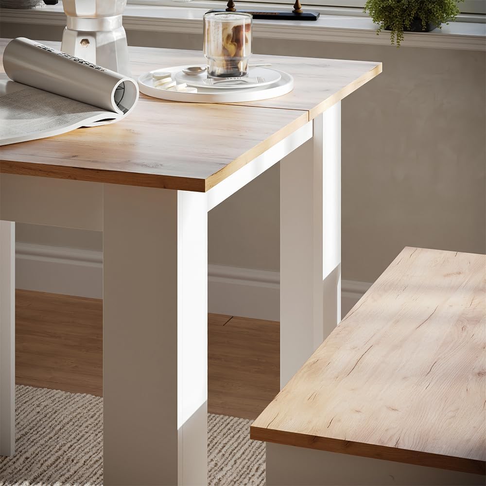Vicco Esstisch Set Sentio, Weiß/Goldkraft Eiche, 80 x 80 cm mit 2 Bänken
