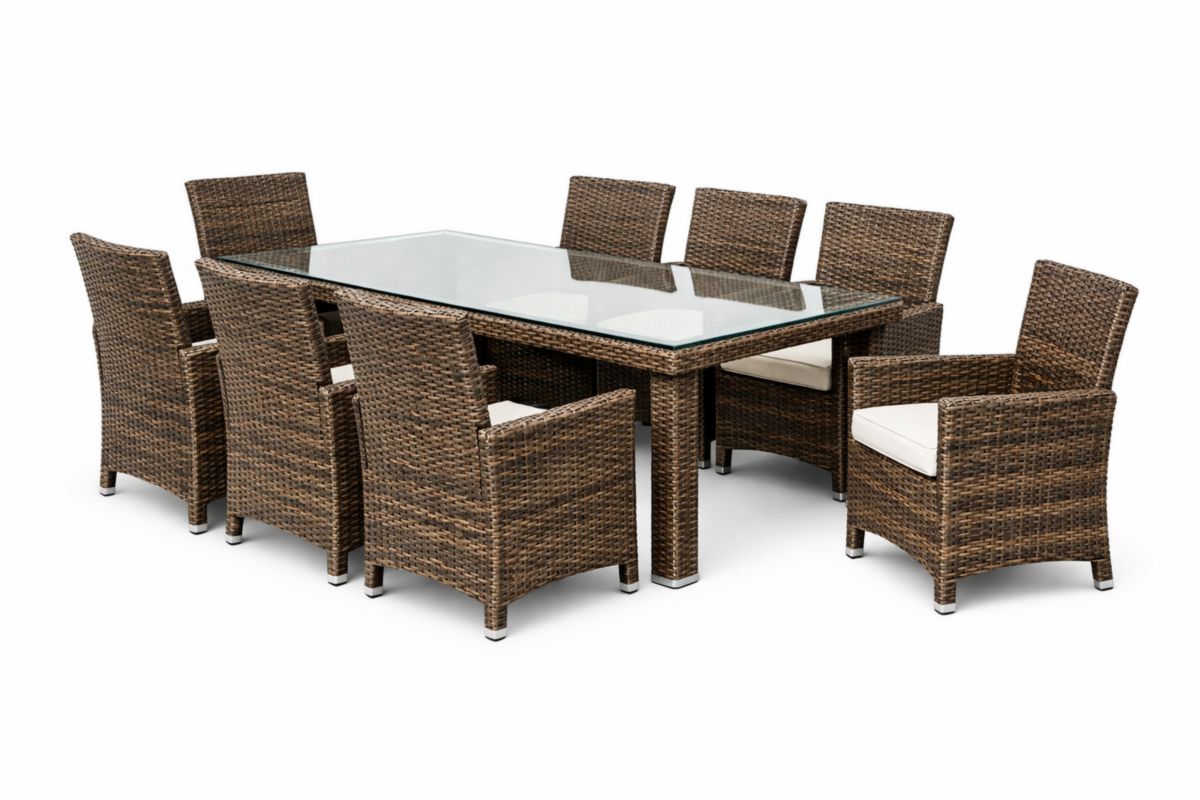 Garten-Essgruppe 8 Stühle Tisch Rattan Glasplatte Braun
