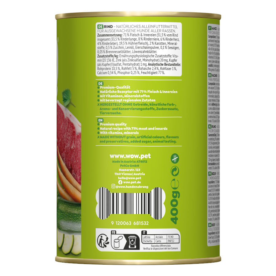 Ração Wow Food Adult Beef em lata de 400g para cães.
